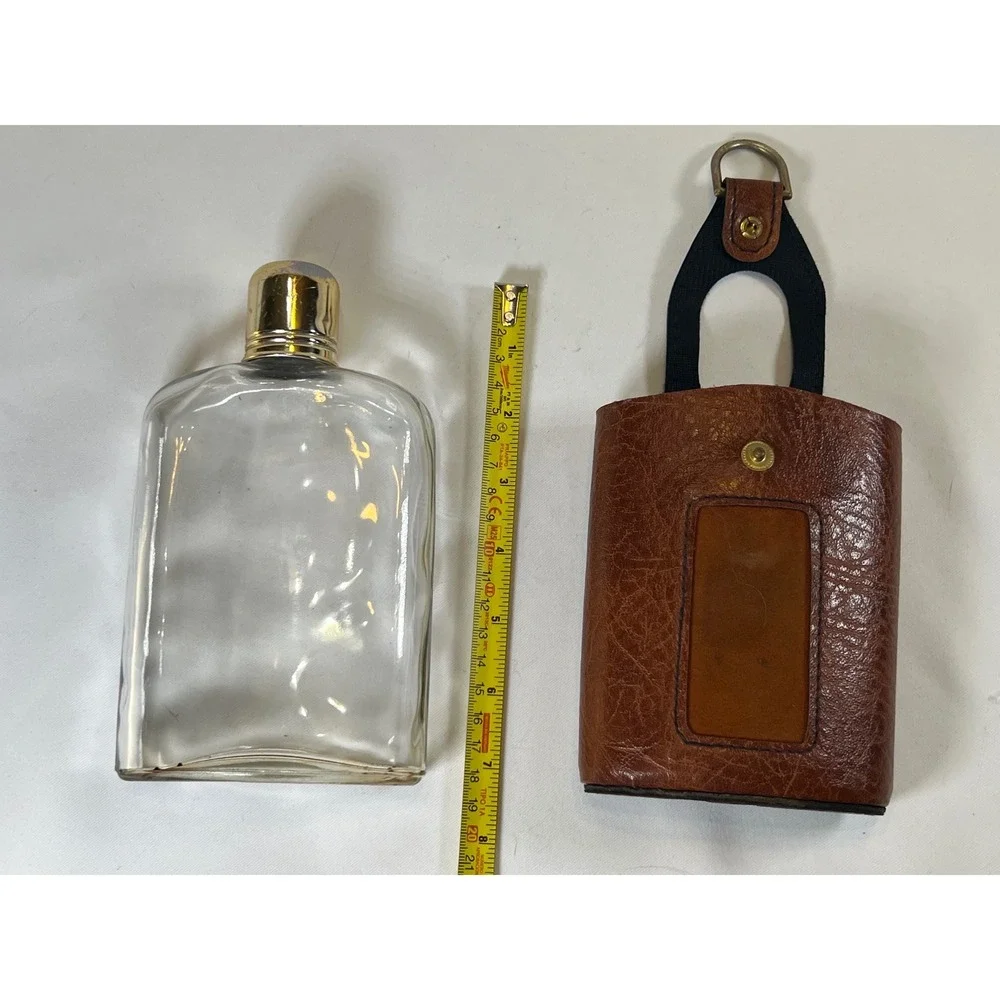 Vintage Glass Hip Flask with Brown Faux Leather Case Gold Cap Travel Barware